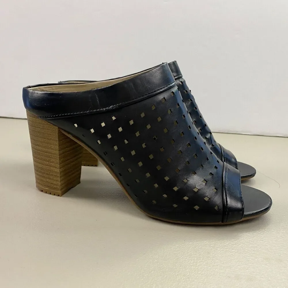 Rialto Chunky Heel Mules Womens 8.5 Black Perforated‎ Leather Sandals Retro Y2K